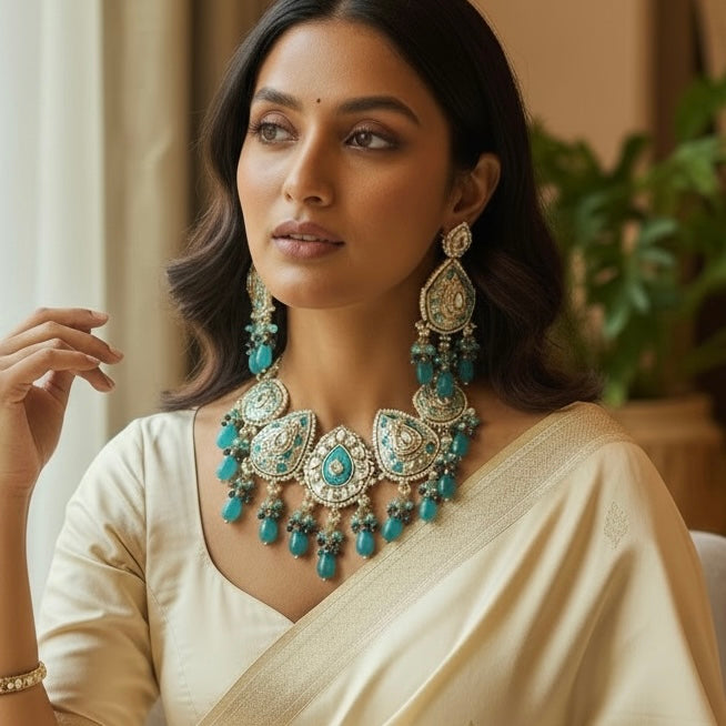 Rajasthani Meenakari Kundan Choker Set with Turquoise Teardrops