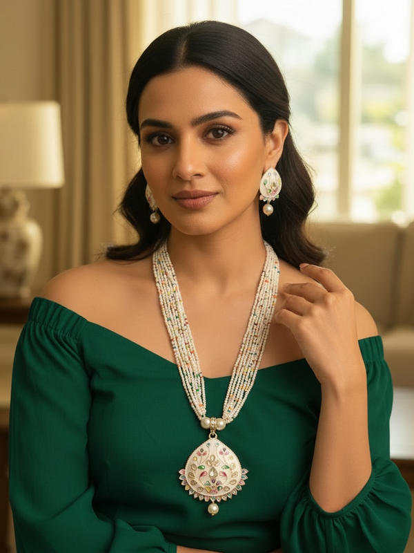 Rajasthani Meenakari Long Necklace with Multilayer Pearl Strands