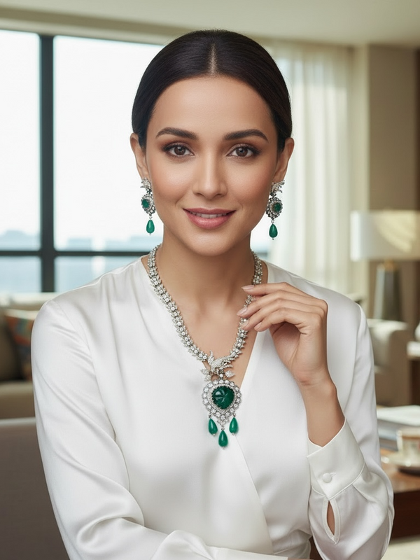 Emerald Drop Pendant Necklace Set with CZ Diamond Detailing
