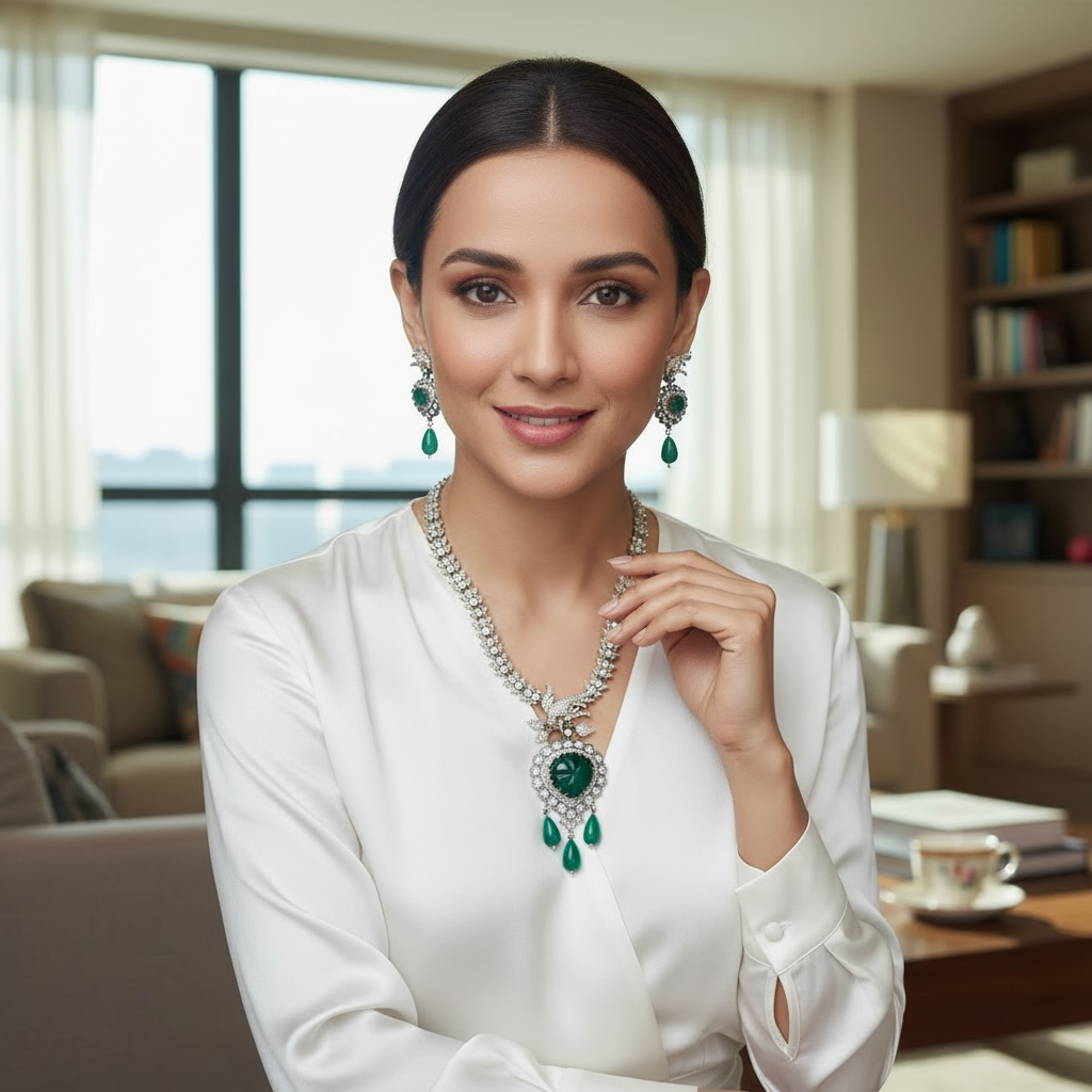Emerald Drop Pendant Necklace Set with CZ Diamond Detailing