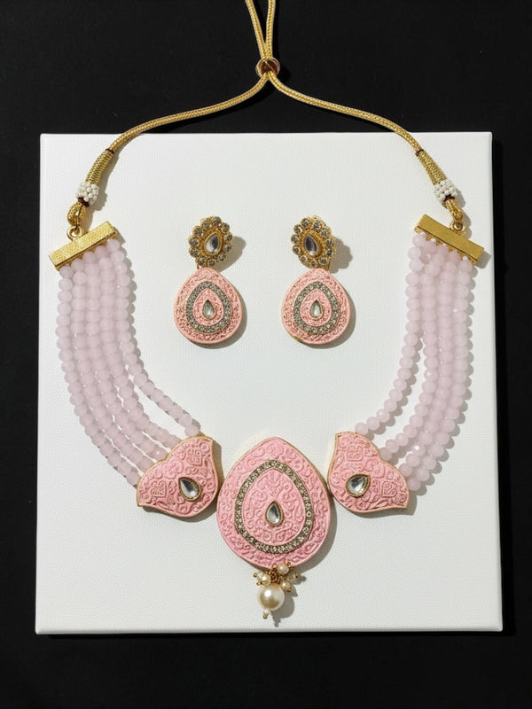 Blush Pink Meenakari Necklace Set with Beaded Strands | Statement Ethnic Jewelry with Earrings