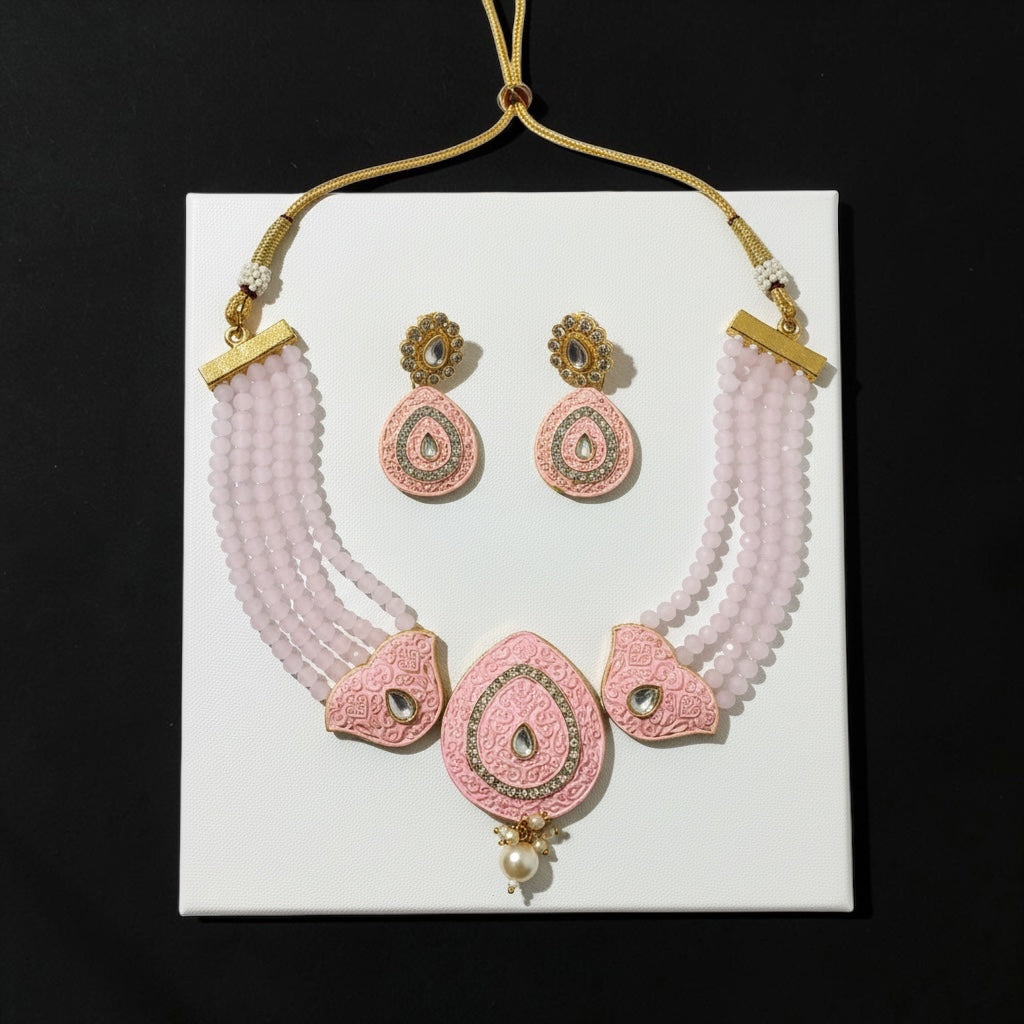 Blush Pink Meenakari Necklace Set with Beaded Strands | Statement Ethnic Jewelry with Earrings