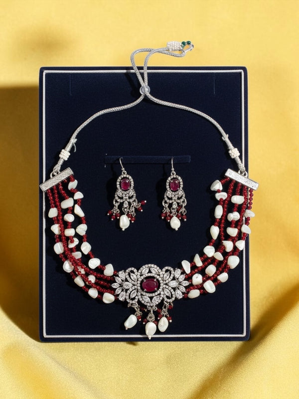 Red & White Multi-Strand Statement Necklace Set | Crystal Bridal Jewelry with Earrings