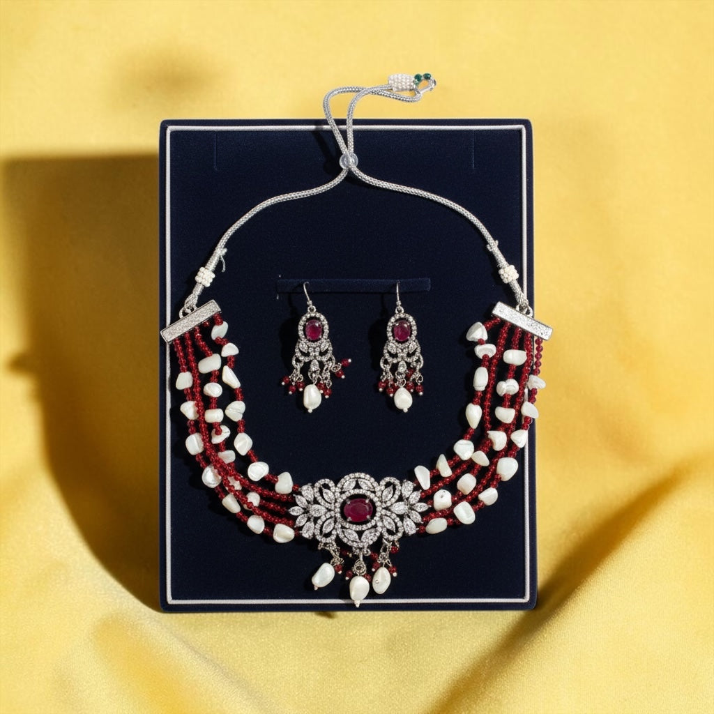 Red & White Multi-Strand Statement Necklace Set | Crystal Bridal Jewelry with Earrings