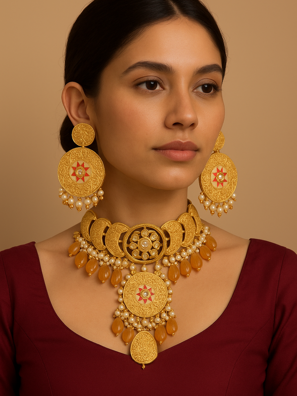 Temple Coin Choker Set with Pearl & Amber Drops