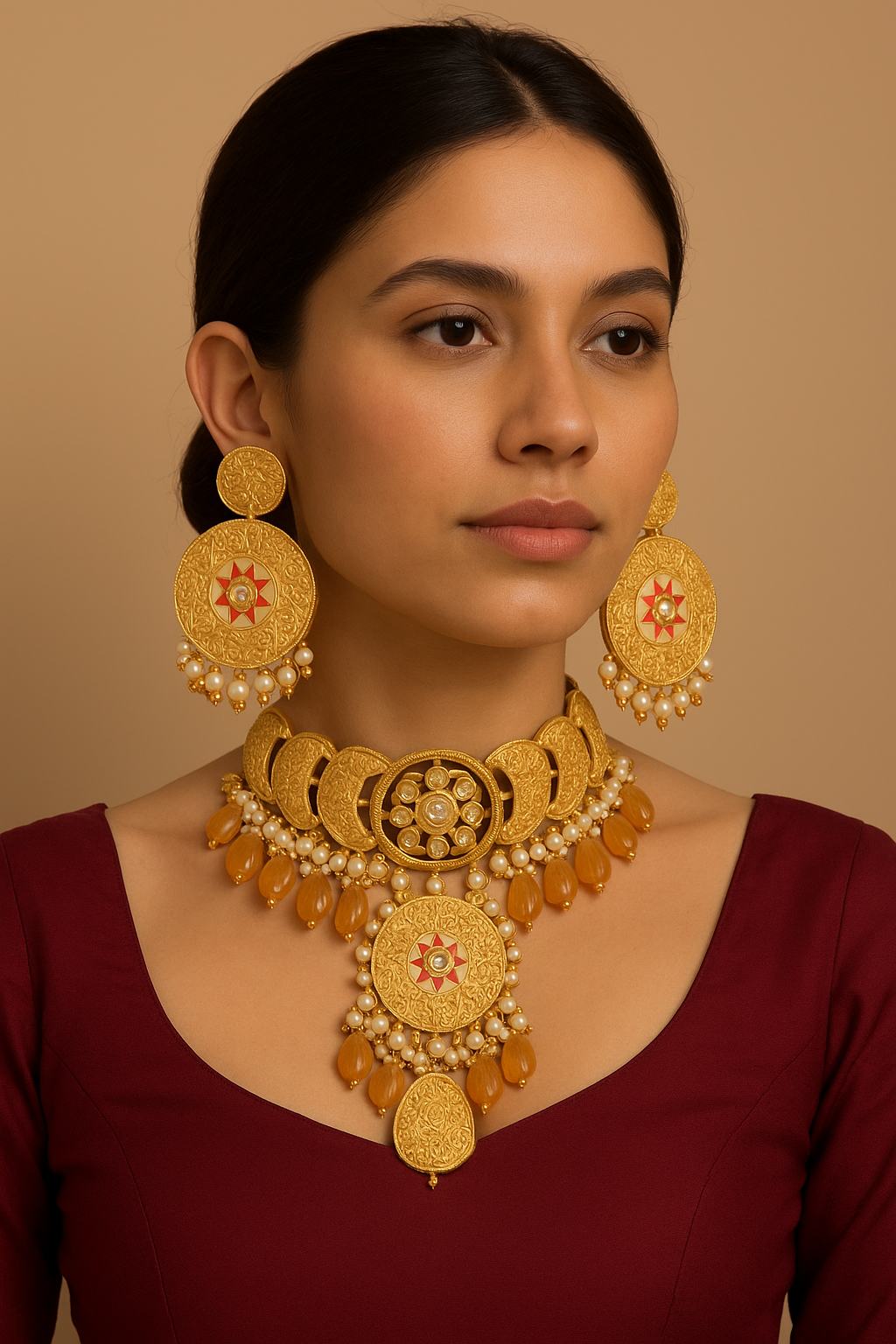Temple Coin Choker Set with Pearl & Amber Drops
