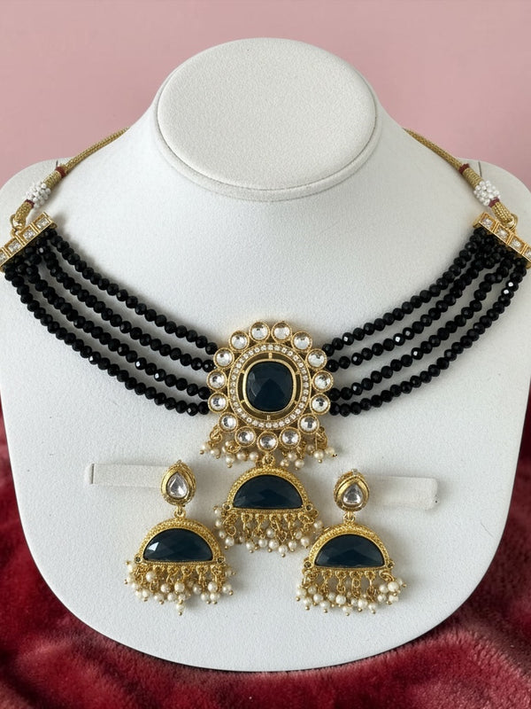 Black Beaded Choker Necklace Set with Blue Stone | Statement Bridal Jewelry with Earrings