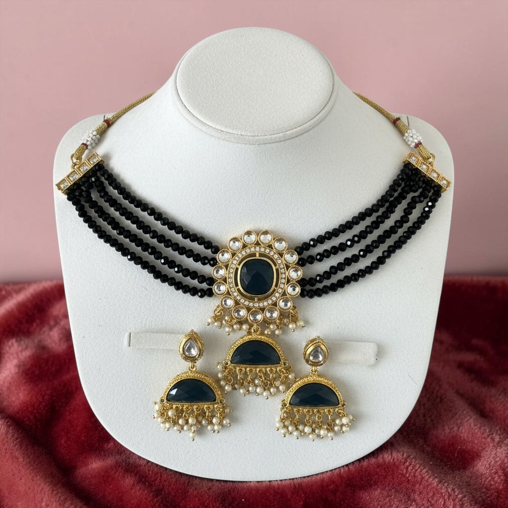 Black Beaded Choker Necklace Set with Blue Stone | Statement Bridal Jewelry with Earrings
