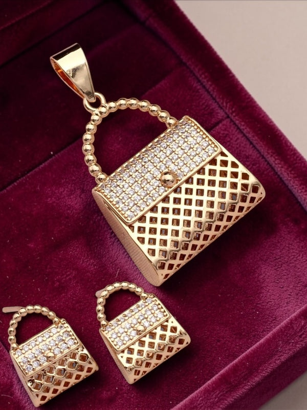 Gold Handbag Pendant Necklace Set with CZ Stones & Anti-Tarnish Finish