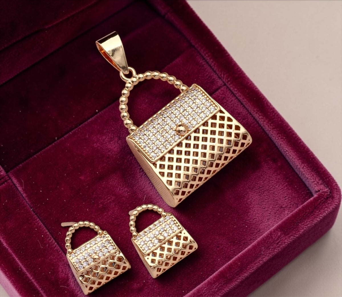Gold Handbag Pendant Necklace Set with CZ Stones & Anti-Tarnish Finish