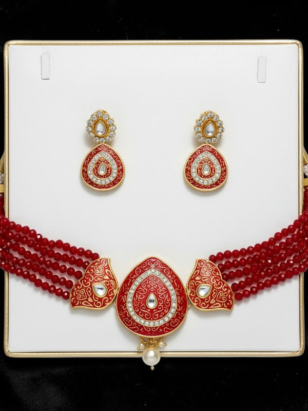 Red Meenakari Beaded Necklace Set | Traditional Statement Jewelry with Earrings