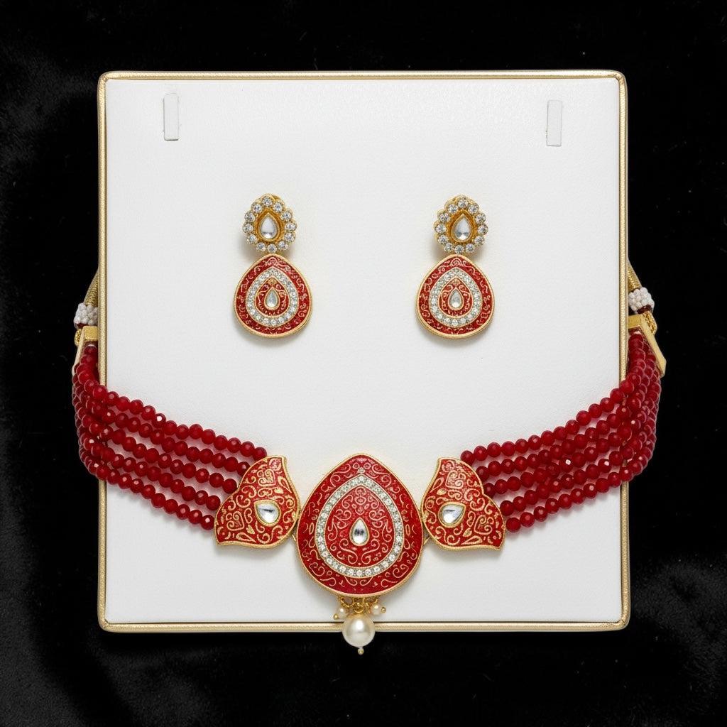 Red Meenakari Beaded Necklace Set | Traditional Statement Jewelry with Earrings
