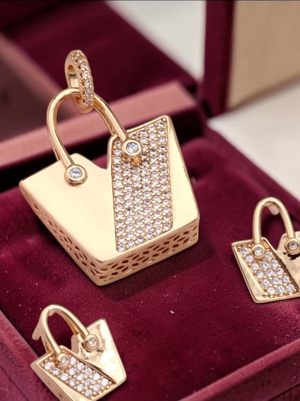 Anti-Tarnish Gold Handbag Pendant Necklace Set with CZ Detailing
