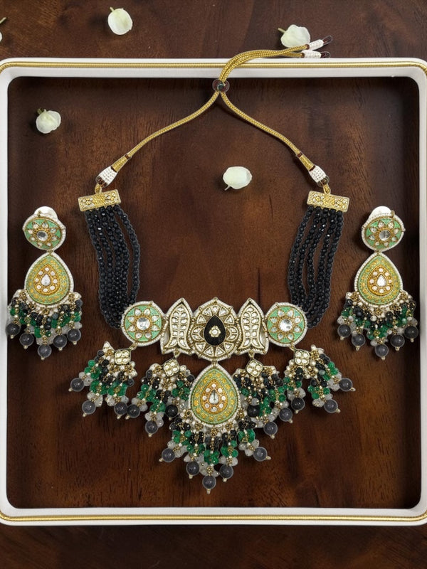 Handmade Jaipuri Statement Necklace Set | Green & Black Beaded Ethnic Jewelry with Earrings