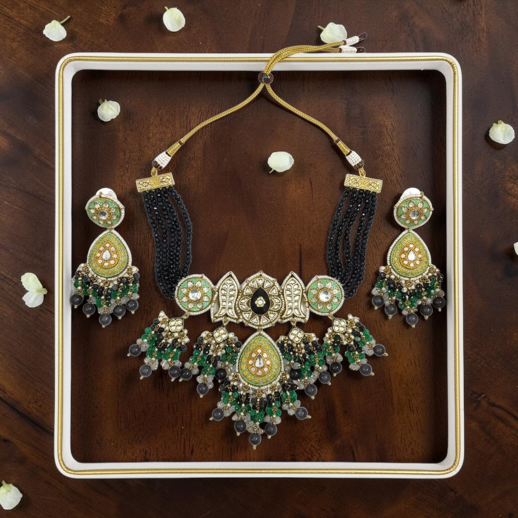 Handmade Jaipuri Statement Necklace Set | Green & Black Beaded Ethnic Jewelry with Earrings