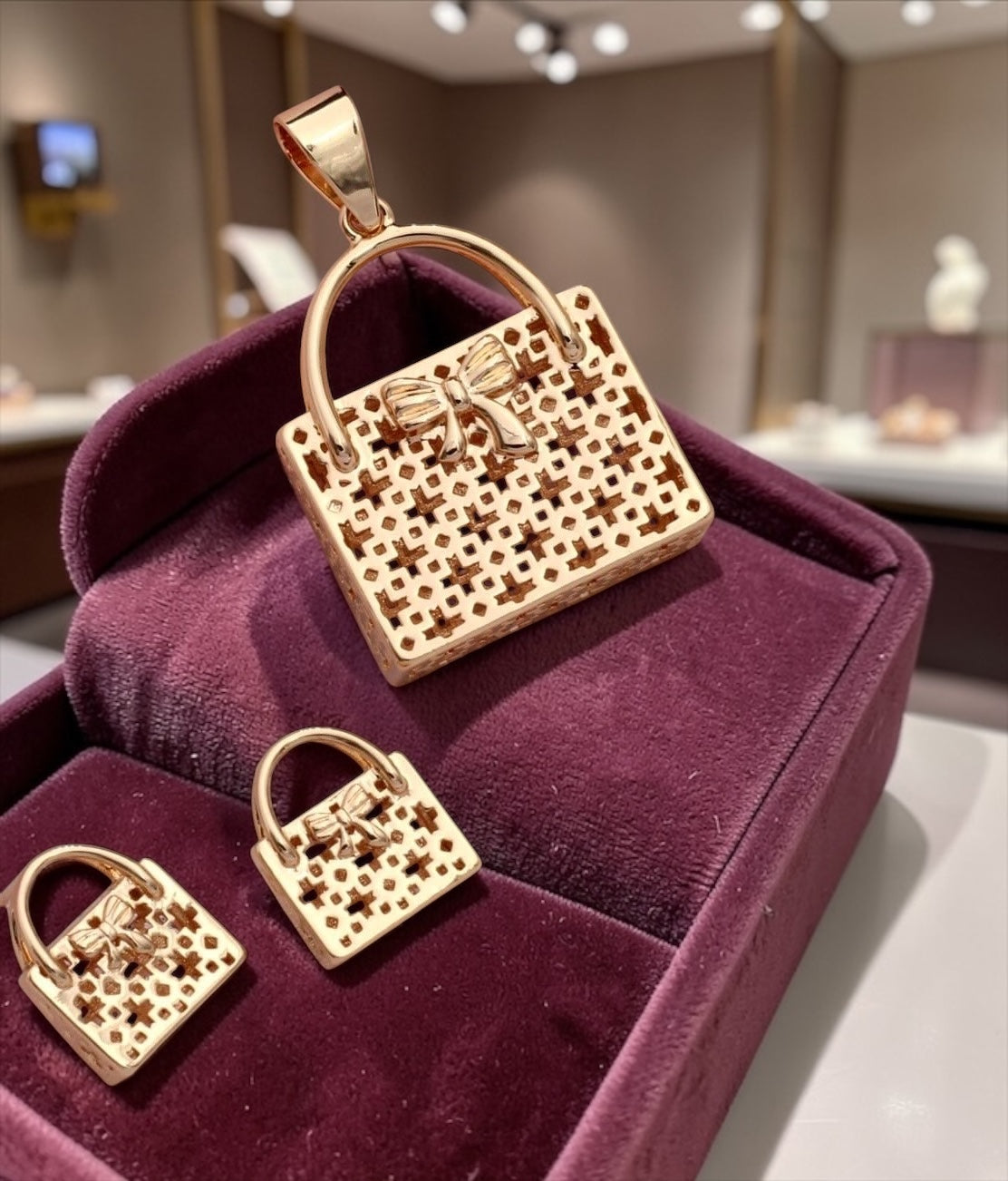 Gold Handbag with flower Pendant Necklace Set with CZ Stones & Anti-Tarnish Finish