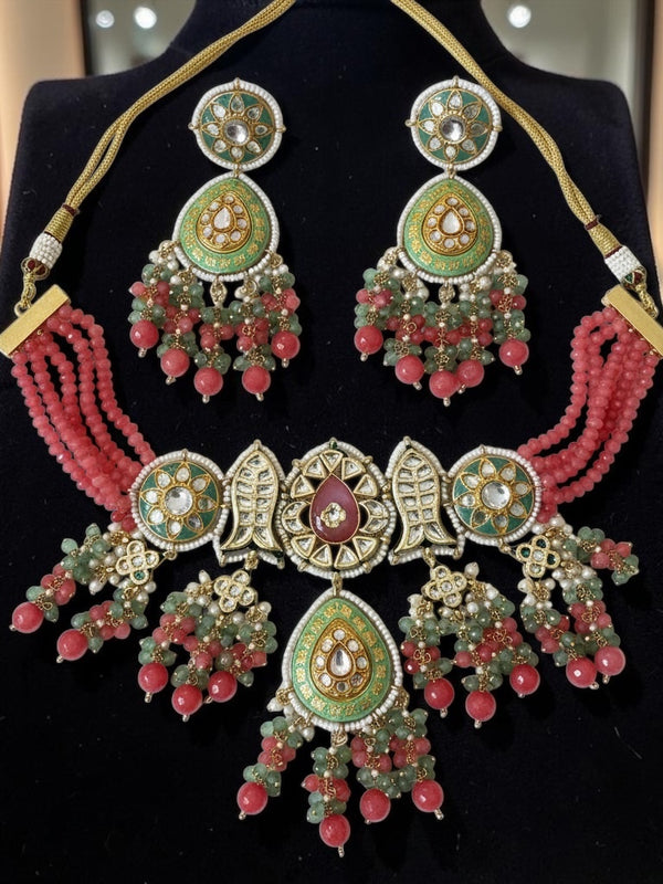 Handmade Jaipuri Multicolor Statement Necklace Set | Coral & Green Beaded Bridal Jewelry with Earrings