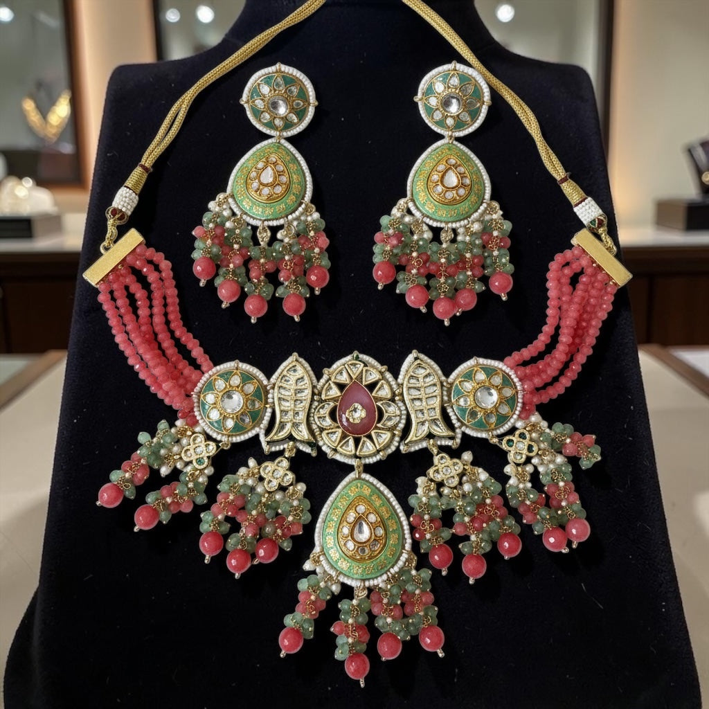 Handmade Jaipuri Multicolor Statement Necklace Set | Coral & Green Beaded Bridal Jewelry with Earrings
