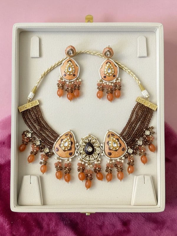 Handmade Jaipuri Rust Orange Statement Necklace Set | Multistrand Ethnic Jewelry with Earrings