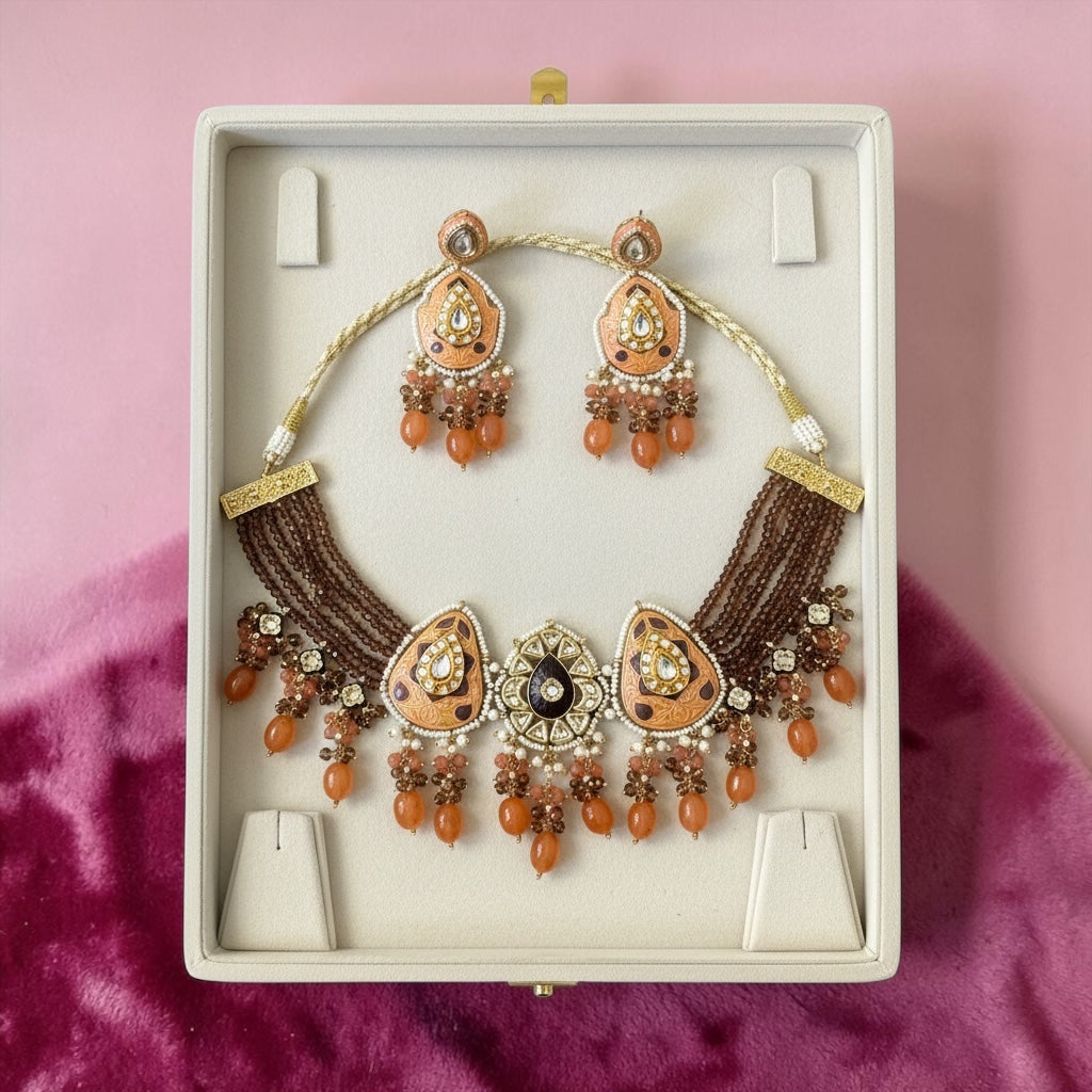 Handmade Jaipuri Rust Orange Statement Necklace Set | Multistrand Ethnic Jewelry with Earrings