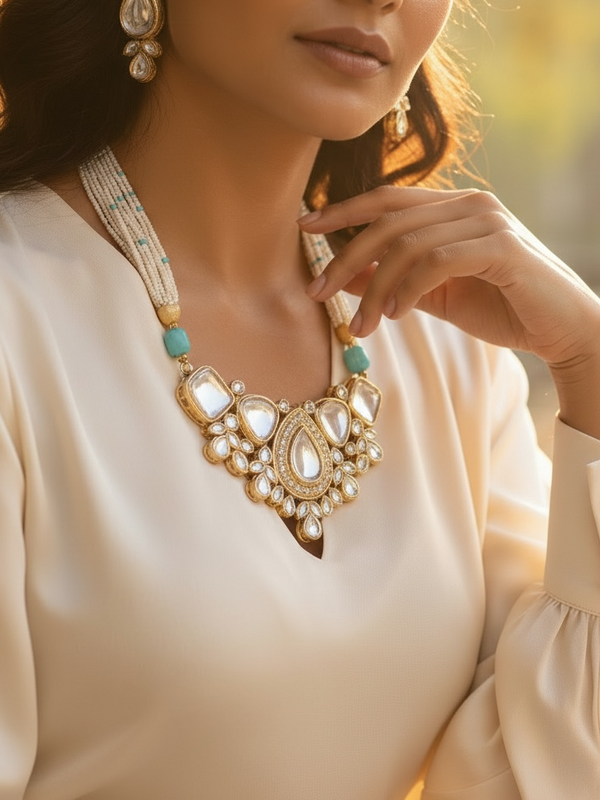 Kundan Statement Necklace with Pearl Strands & Turquoise Beads
