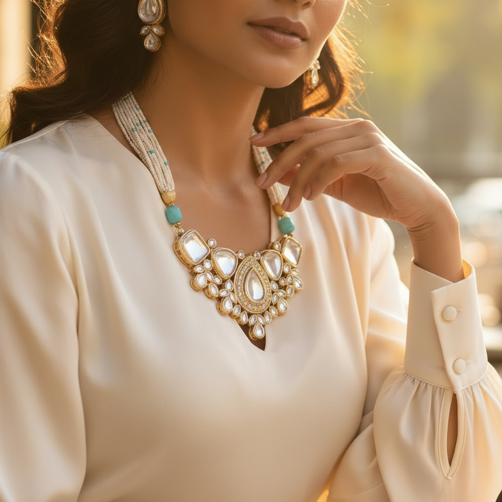 Kundan Statement Necklace with Pearl Strands & Turquoise Beads