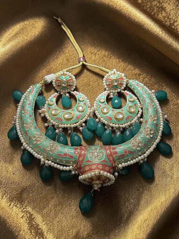Handmade Jaipuri Meenakari Choker/Hasli Necklace Set | Green Drop Bridal Statement Jewelry with Earrings
