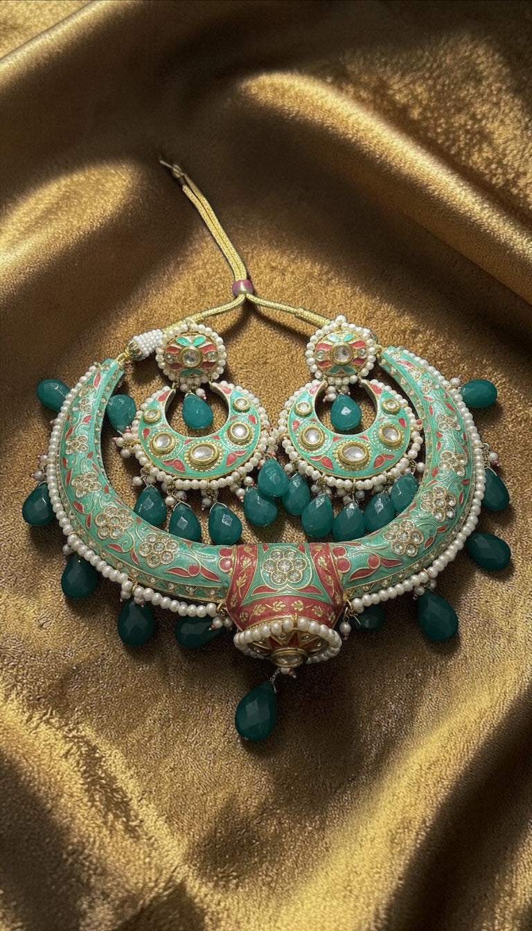 Handmade Jaipuri Meenakari Choker/Hasli Necklace Set | Green Drop Bridal Statement Jewelry with Earrings