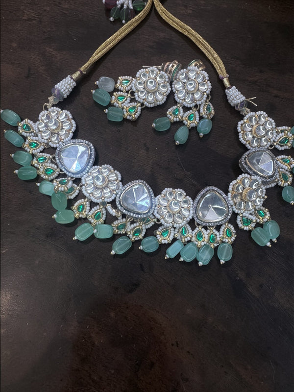 Silver Polki Necklace Set with Mint Green Drops & Clear Stones