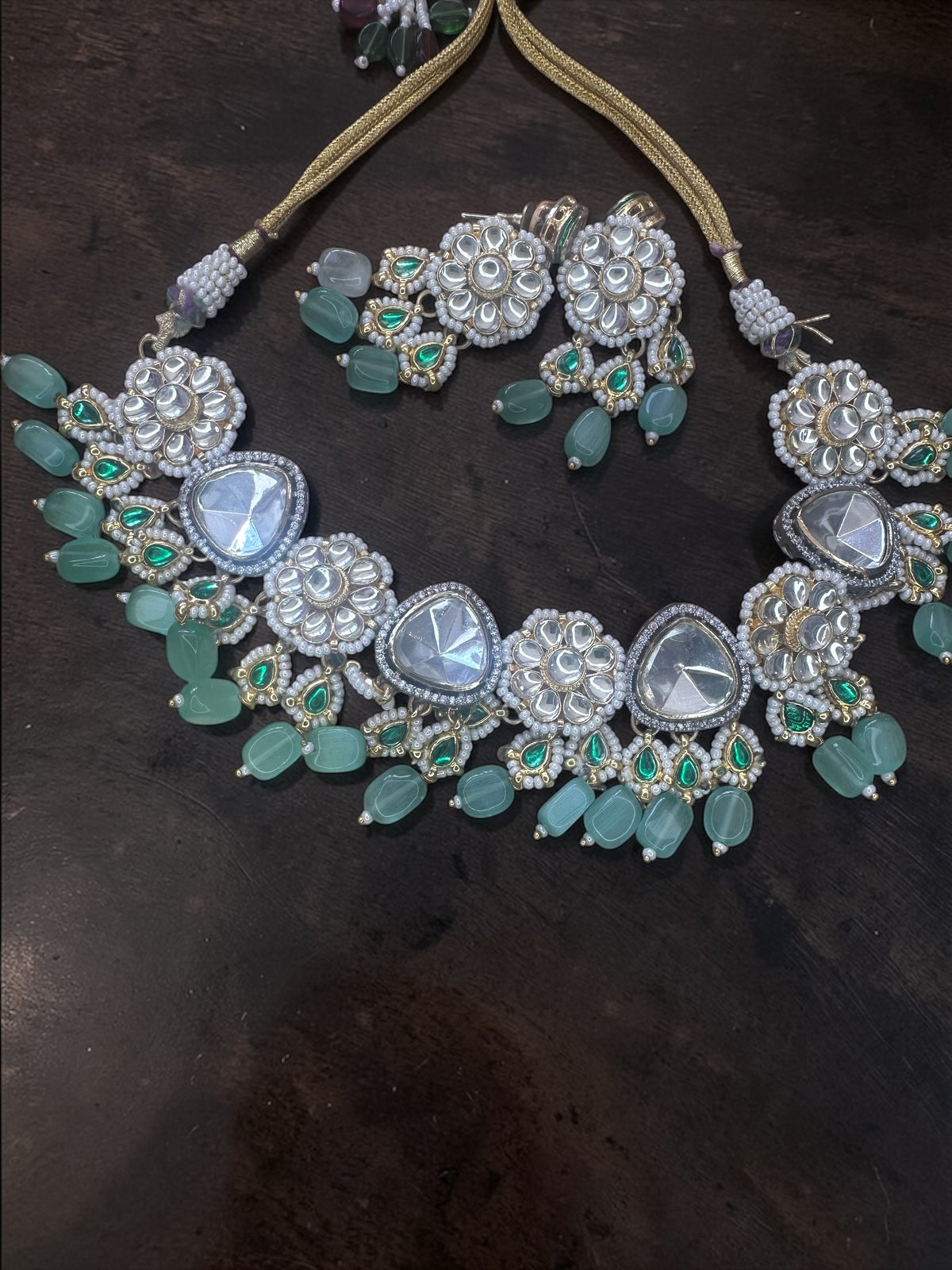 Silver Polki Necklace Set with Mint Green Drops & Clear Stones