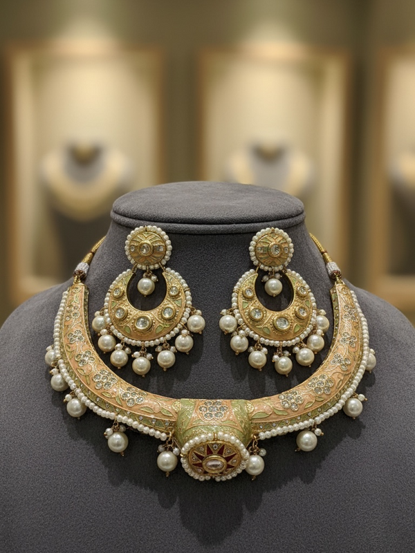 Handmade Jaipuri Meenakari Pearl Choker Hasli Set | Bridal Statement Necklace with Earrings