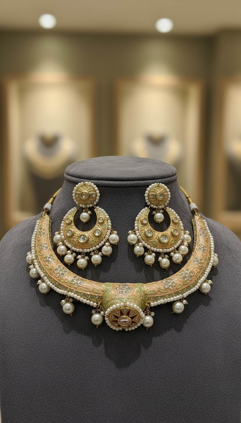 Handmade Jaipuri Meenakari Pearl Choker Hasli Set | Bridal Statement Necklace with Earrings