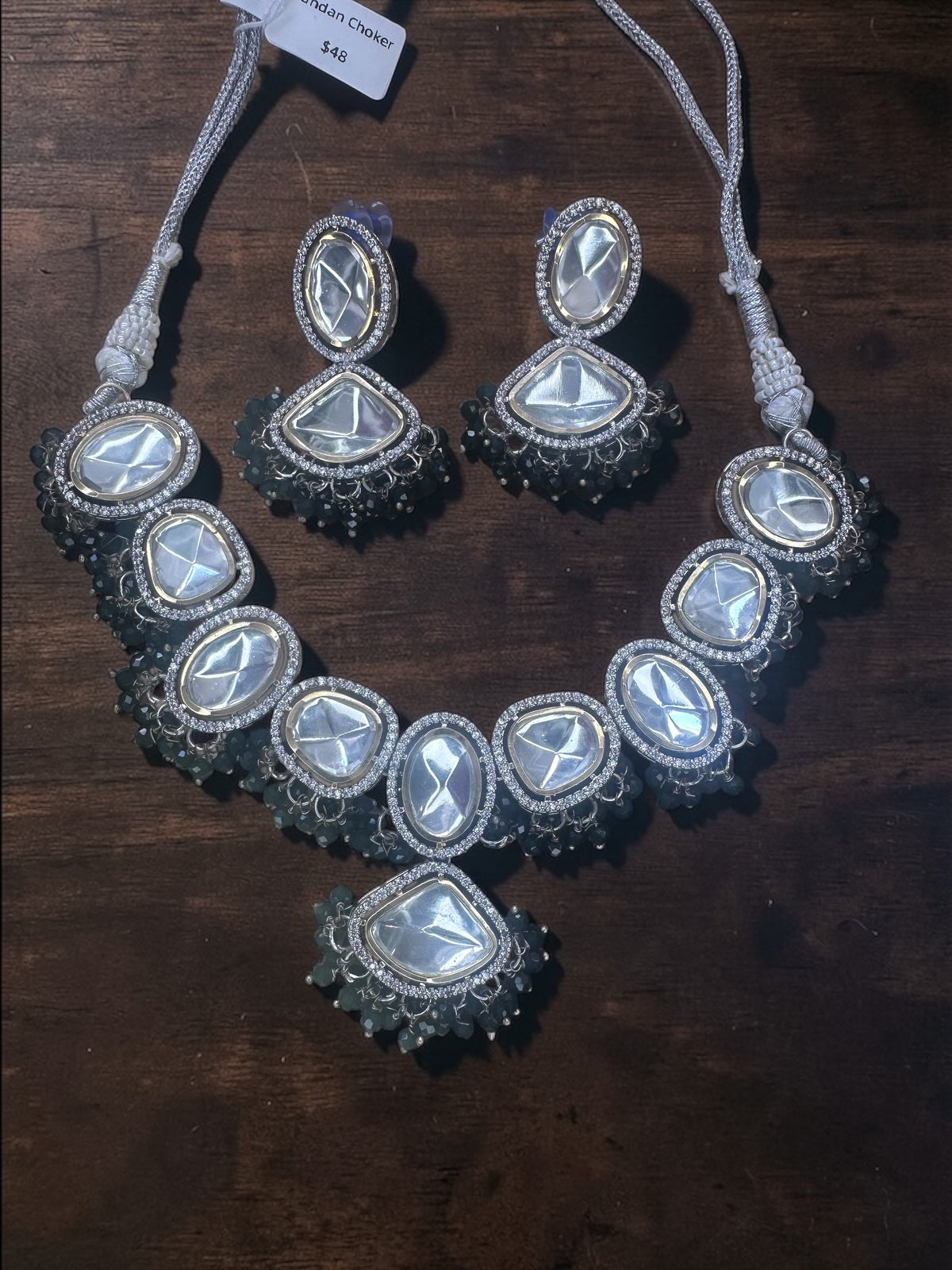 Silver Polki Statement Necklace Set with Clear Stones & Black Bead Drops