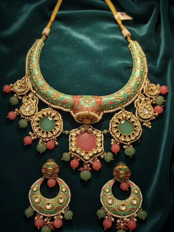 Handmade Jaipuri Meenakari Choker HJasli Necklace Set | Multicolor Stone Bridal Statement Jewelry with Earrings