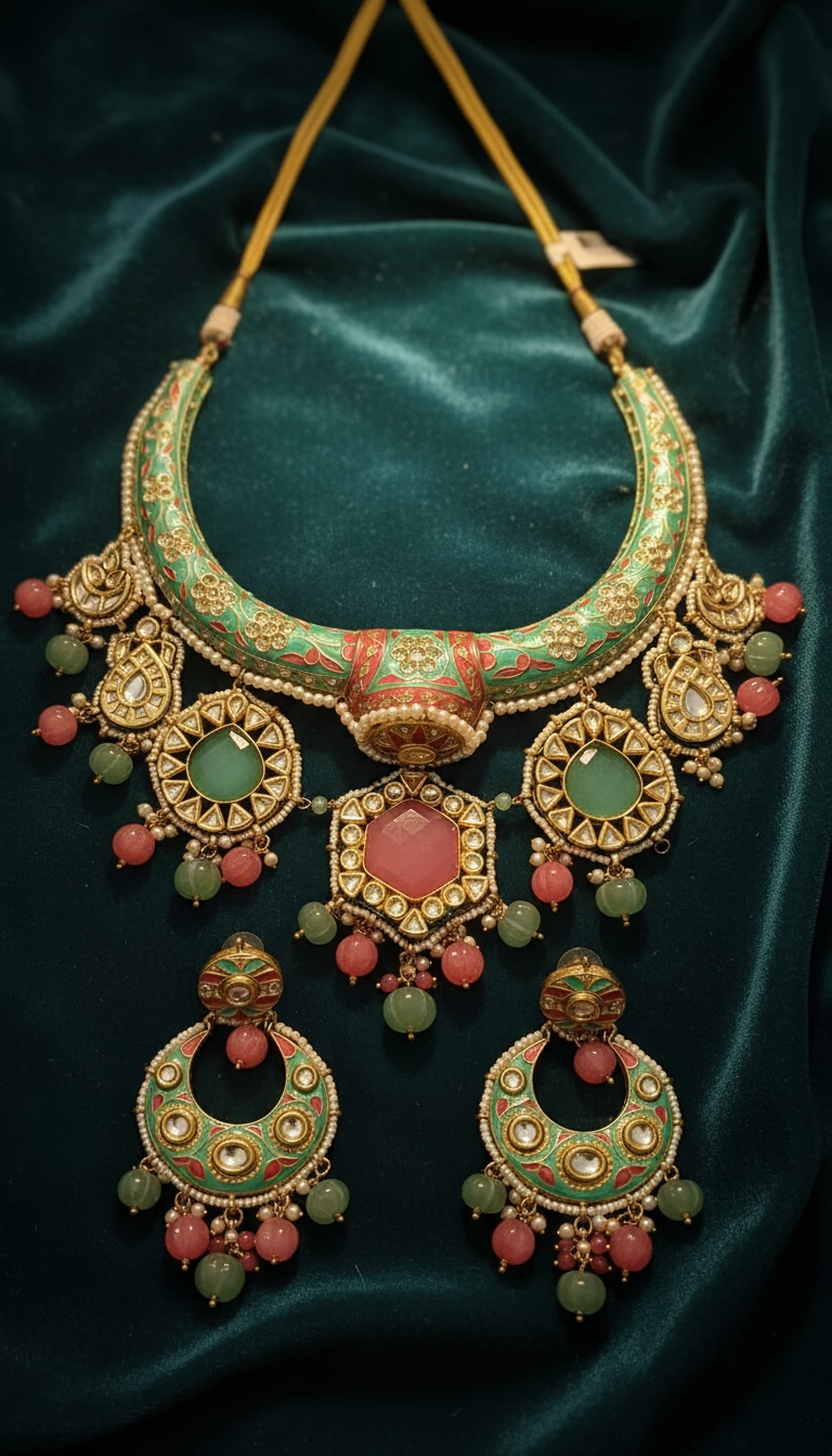 Handmade Jaipuri Meenakari Choker HJasli Necklace Set | Multicolor Stone Bridal Statement Jewelry with Earrings
