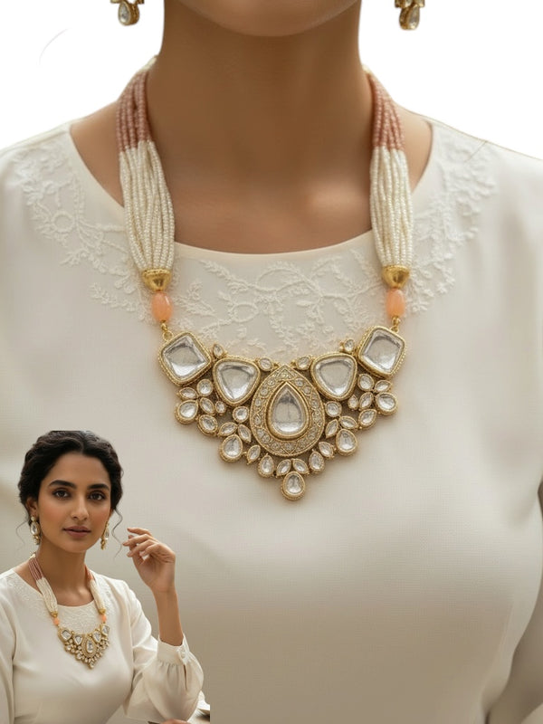 Elegant Gold Polki Necklace Set with Multi-Layered Pearls and Peach Detailing