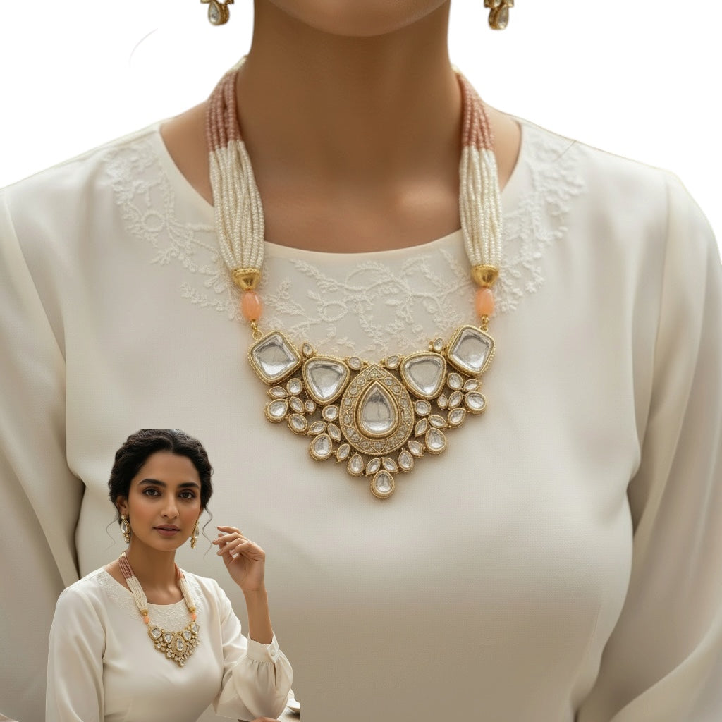 Elegant Gold Polki Necklace Set with Multi-Layered Pearls and Peach Detailing
