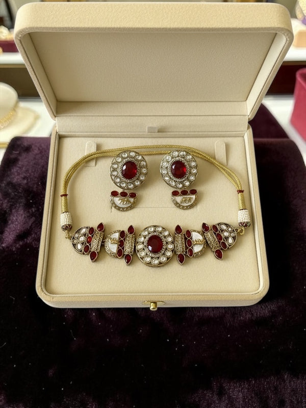 Red Stone Polki Style Choker Necklace Set | Bridal Statement Jewelry with Earrings