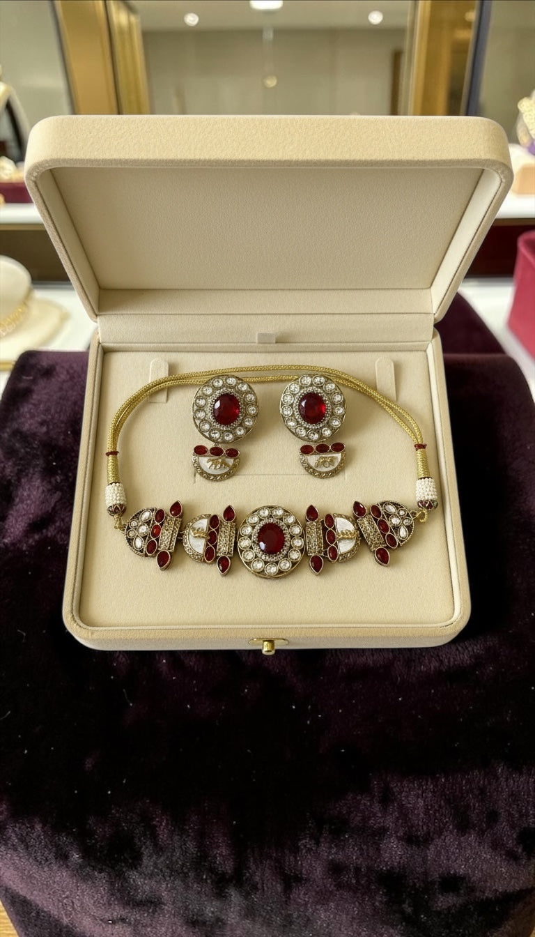 Red Stone Polki Style Choker Necklace Set | Bridal Statement Jewelry with Earrings
