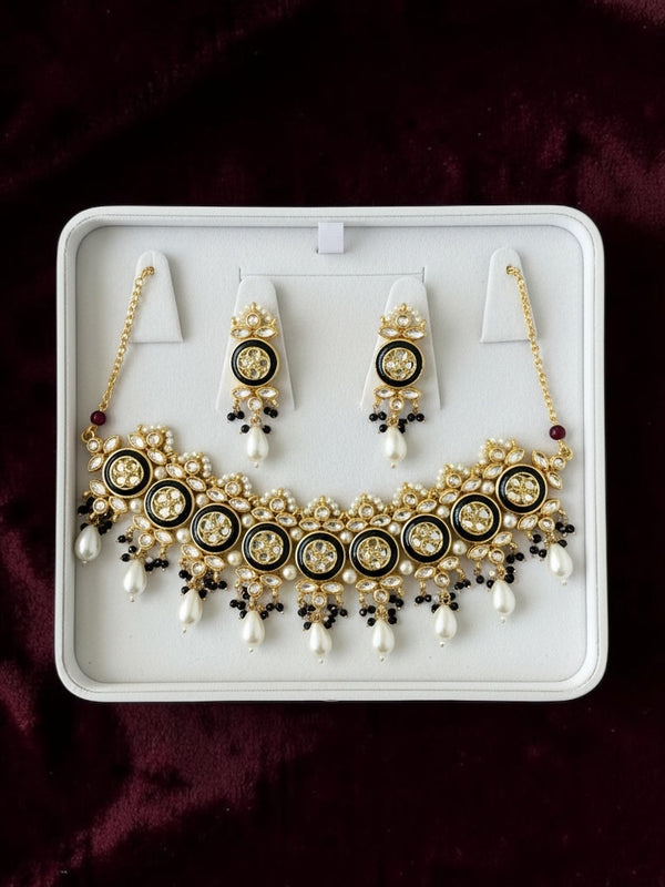 Black & Gold Polki Style Choker Necklace Set | Pearl Drop Bridal Jewelry with Earrings