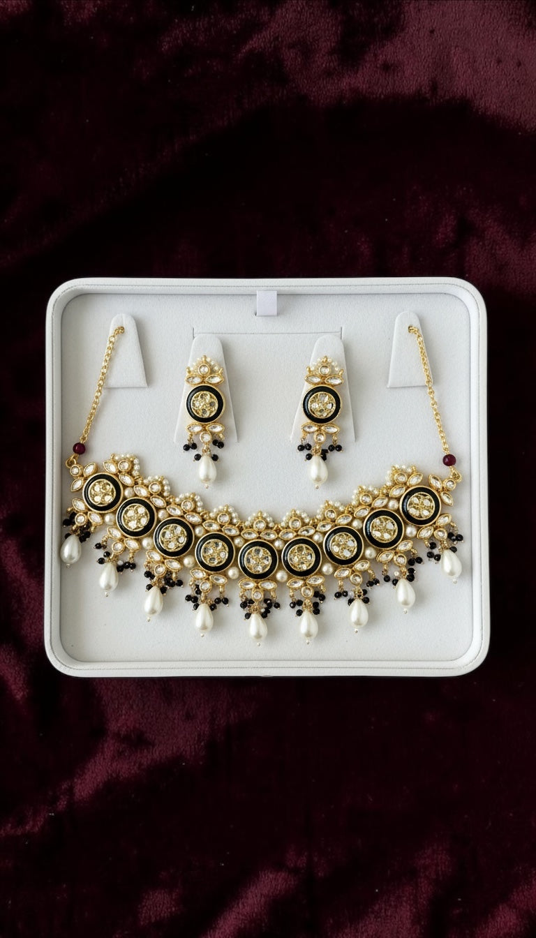 Black & Gold Polki Style Choker Necklace Set | Pearl Drop Bridal Jewelry with Earrings