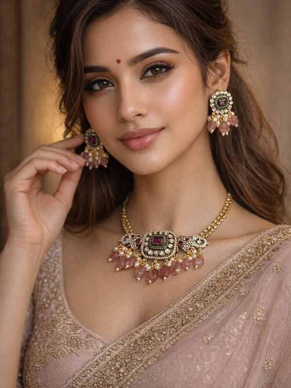 Kundan Necklace Set with Blush Drops & Ruby Center
