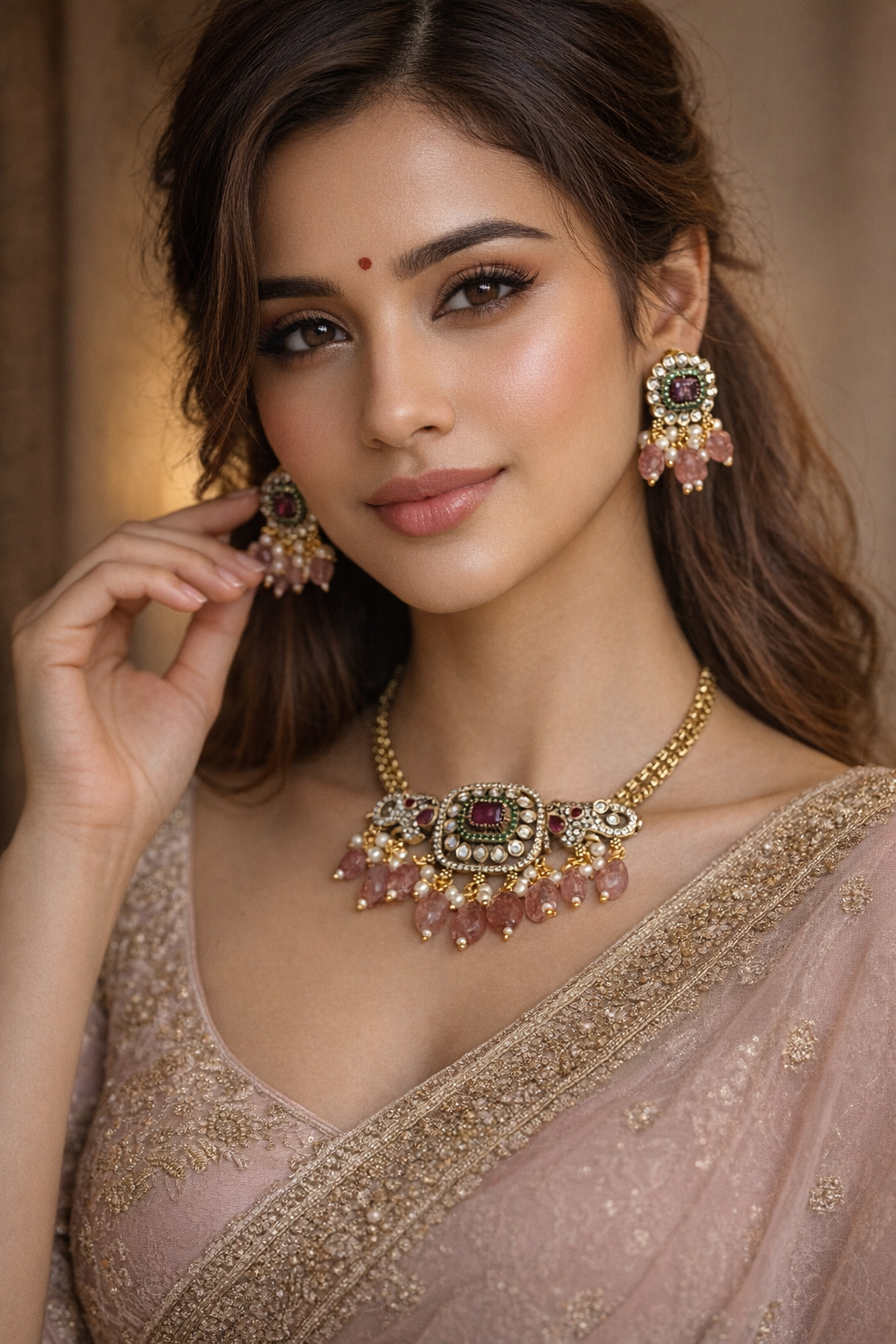 Kundan Necklace Set with Blush Drops & Ruby Center