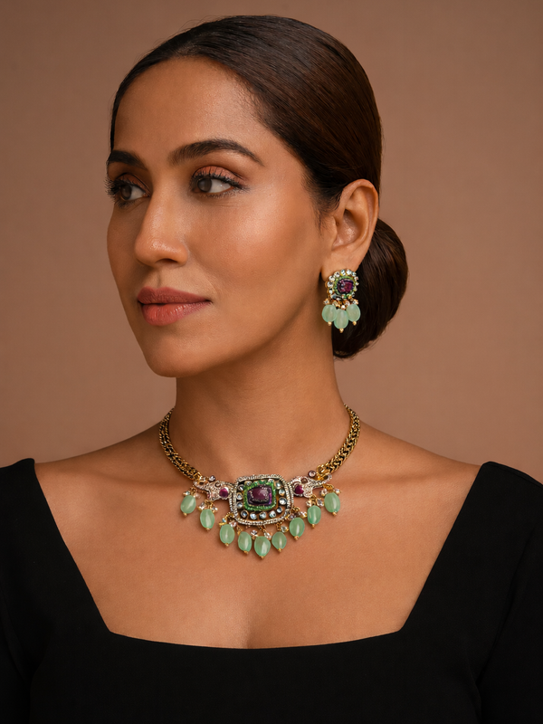 Kundan Fusion Necklace Set with Emerald Drops & Ruby Center