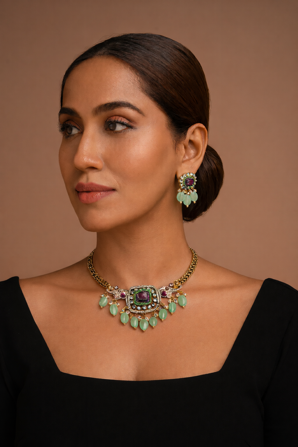 Kundan Fusion Necklace Set with Emerald Drops & Ruby Center