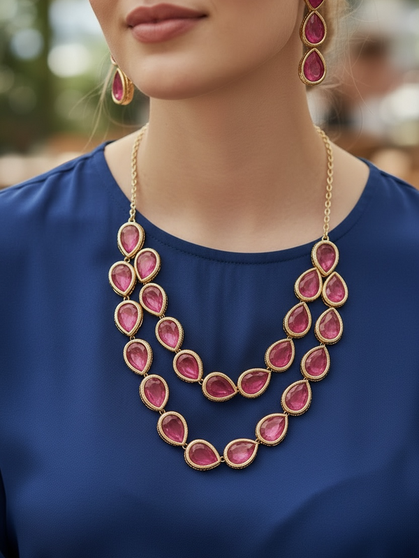 Layered Ruby Teardrop Statement Necklace
