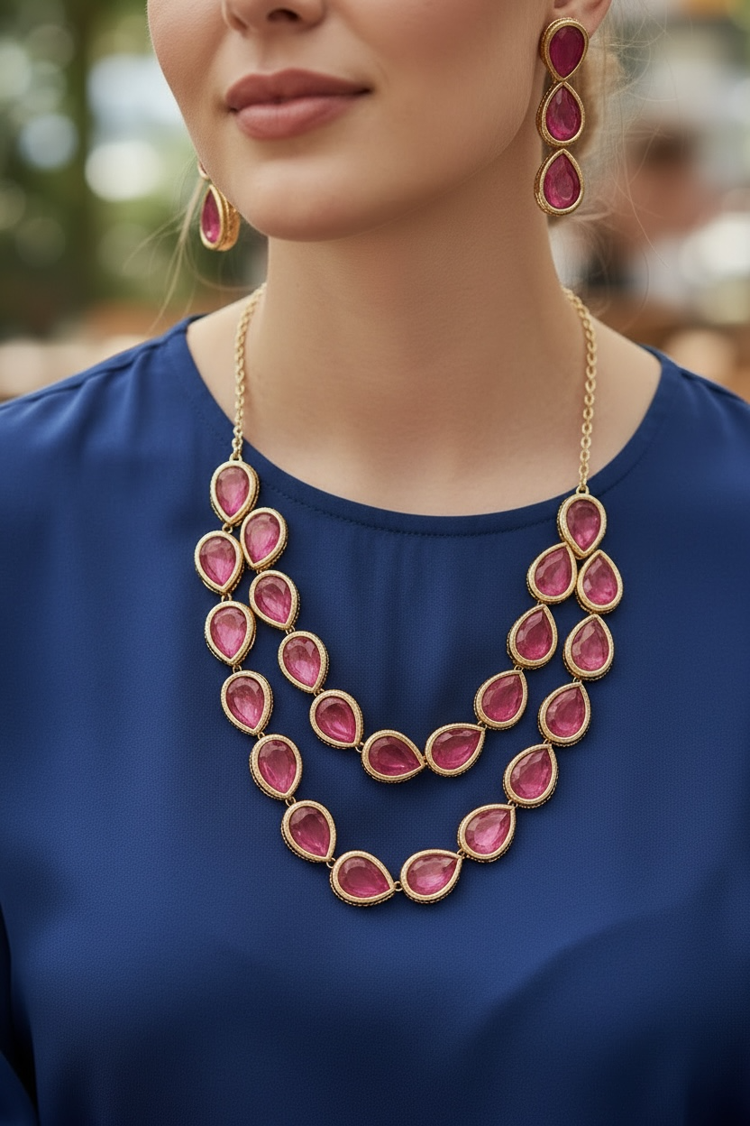 Layered Ruby Teardrop Statement Necklace