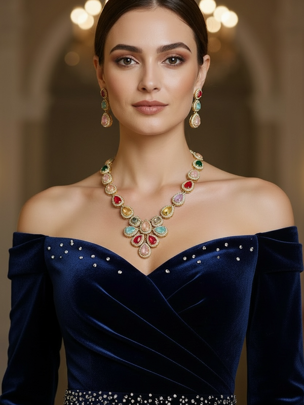 Multicolor Teardrop Statement Necklace Set with Kundan Detailing