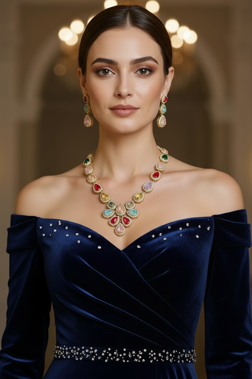 Multicolor Teardrop Statement Necklace Set with Kundan Detailing