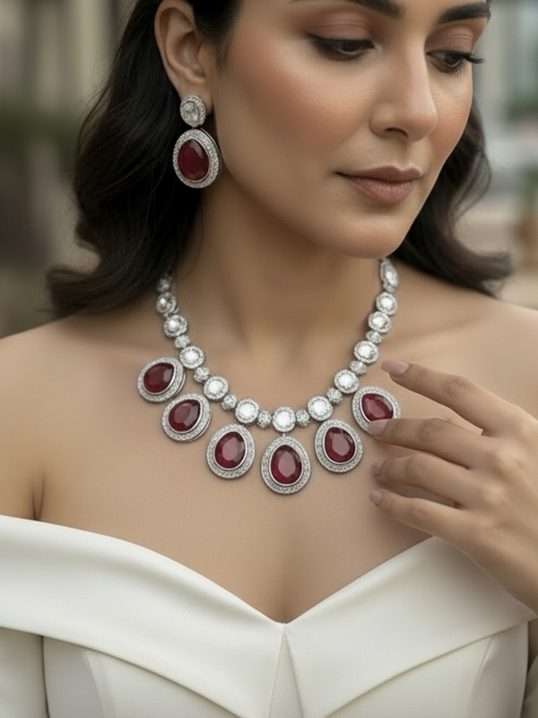 Ruby Teardrop Necklace Set with CZ Halo & Matching Earrings